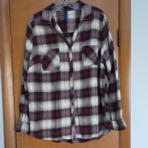 Falls Creek Burgundy and Cream Plaid Blouse